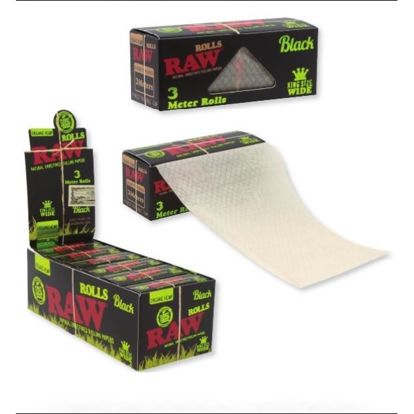 Rolovací papírky RAW BLACK ORGANIC ROLLS, 3m v balení | box 12ks